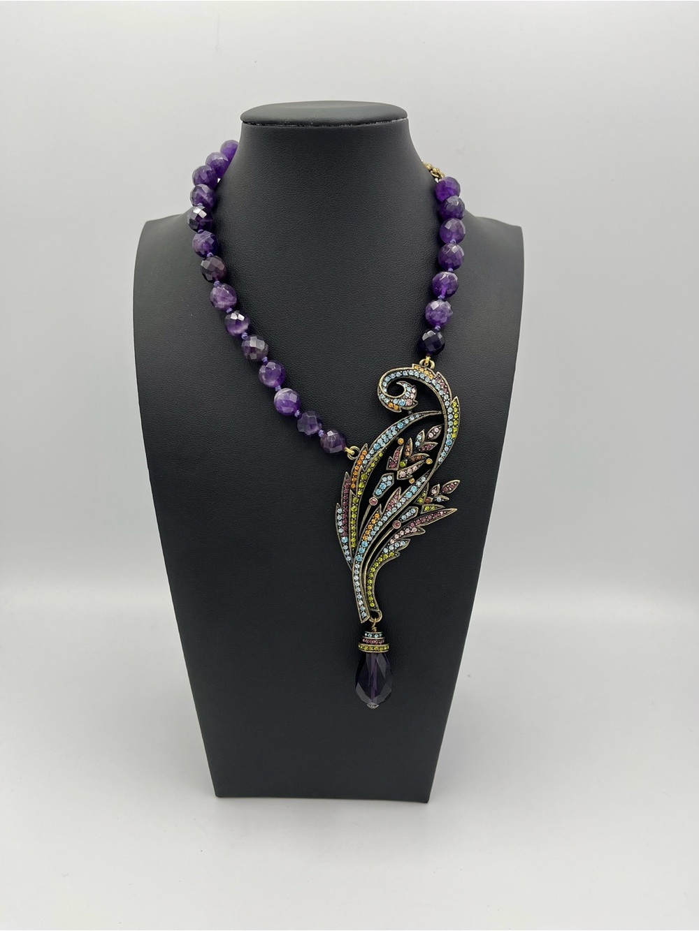 Heidi Daus Purple Amethyst Beaded Necklace with Multicolor Crystal Pendant